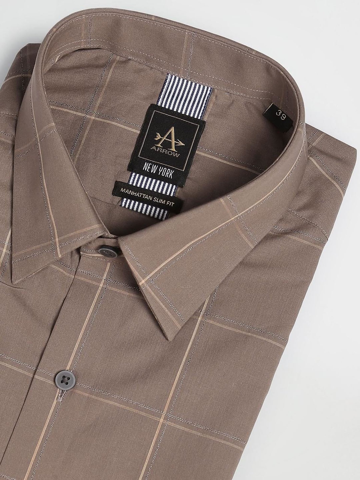 Arrow New York Brown Cotton Slim Fit Checks Shirt