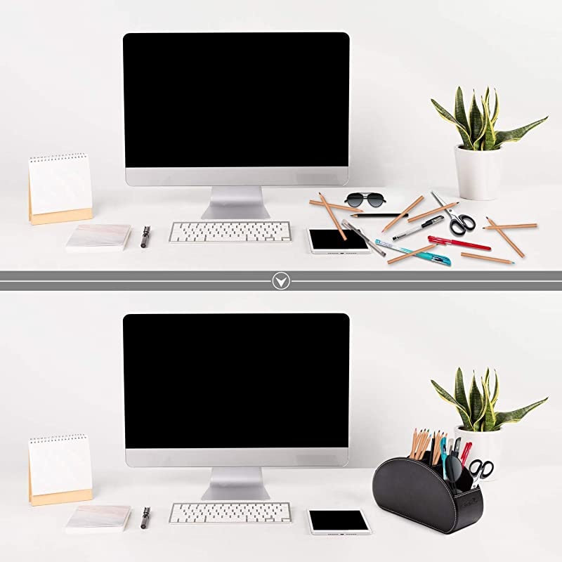 Control Holder Organizer Box with 5 compartment PU Leather Multi-functional Office Organization And storage Caddy Store tv holders ,brush ,pencil,glasses an Media Player (Black)