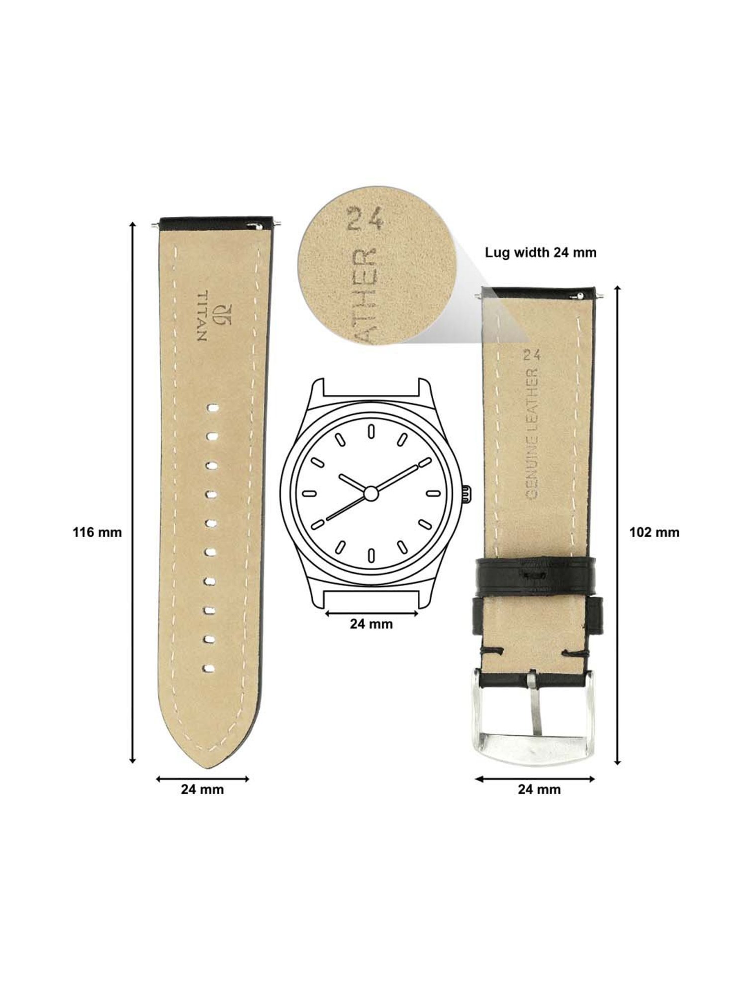 Titan 24 mm Black Genuine Leather Strap for Men