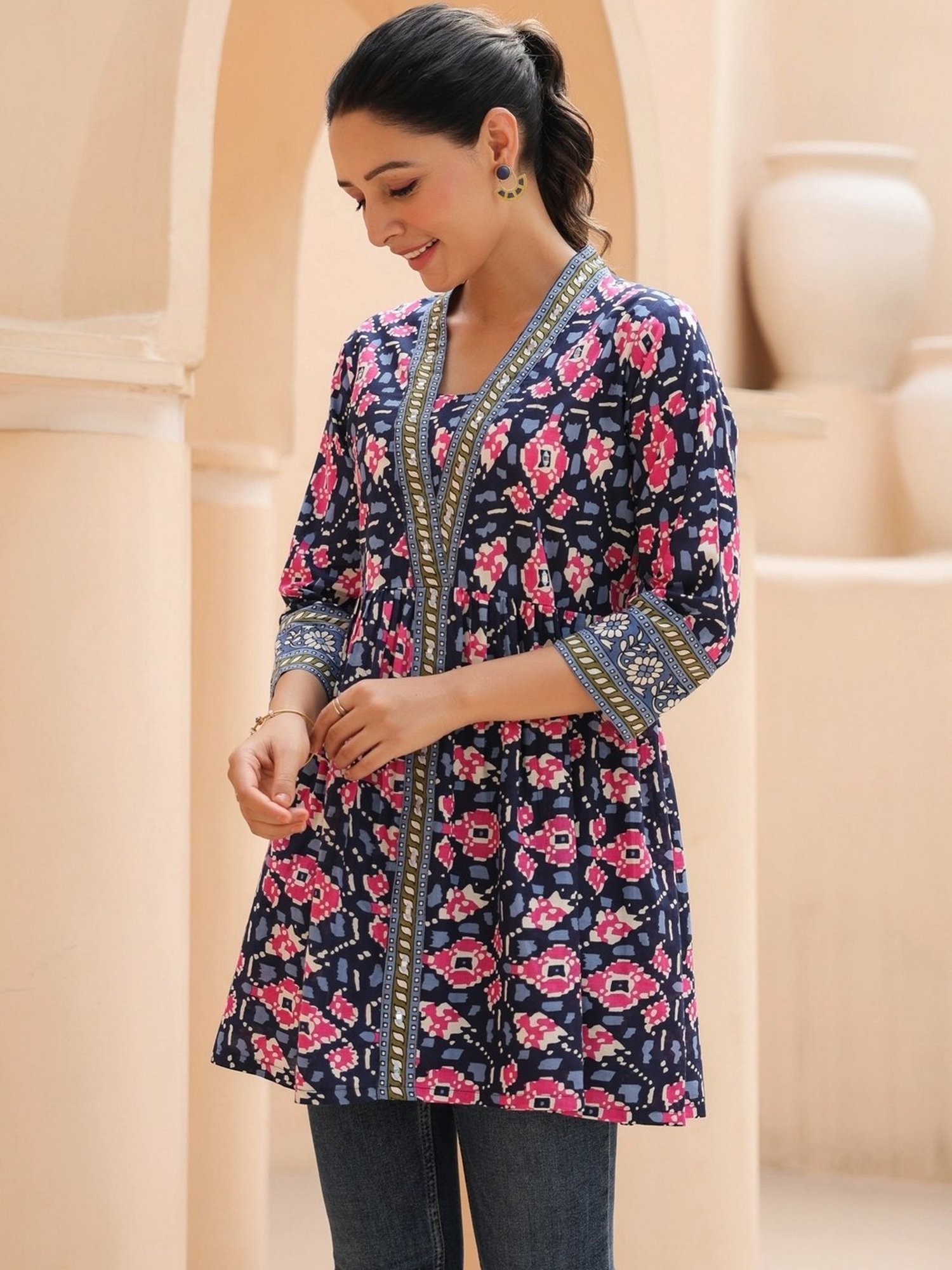 Rain and Rainbow Blue Cotton Printed Top