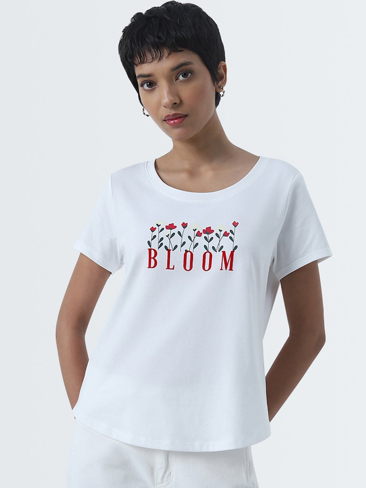 LOV by Westside White Text Printed Cotton T-Shirt