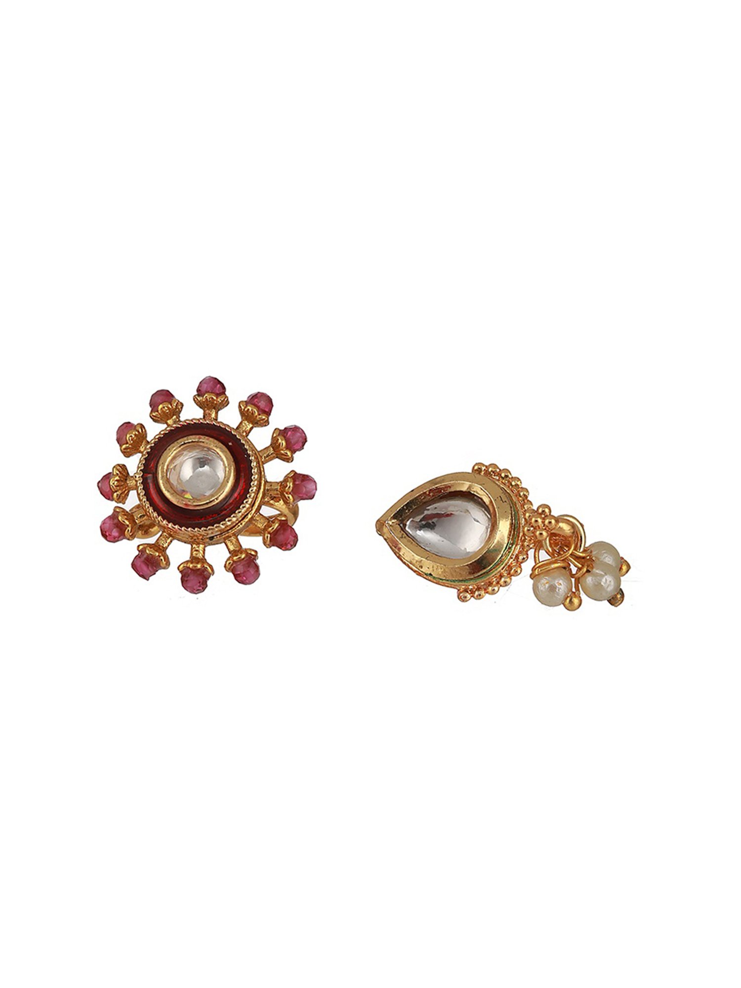 Aatmana Gold-Plated & White Kundan Studded Pear Shaped Nose Pin - Set of 2