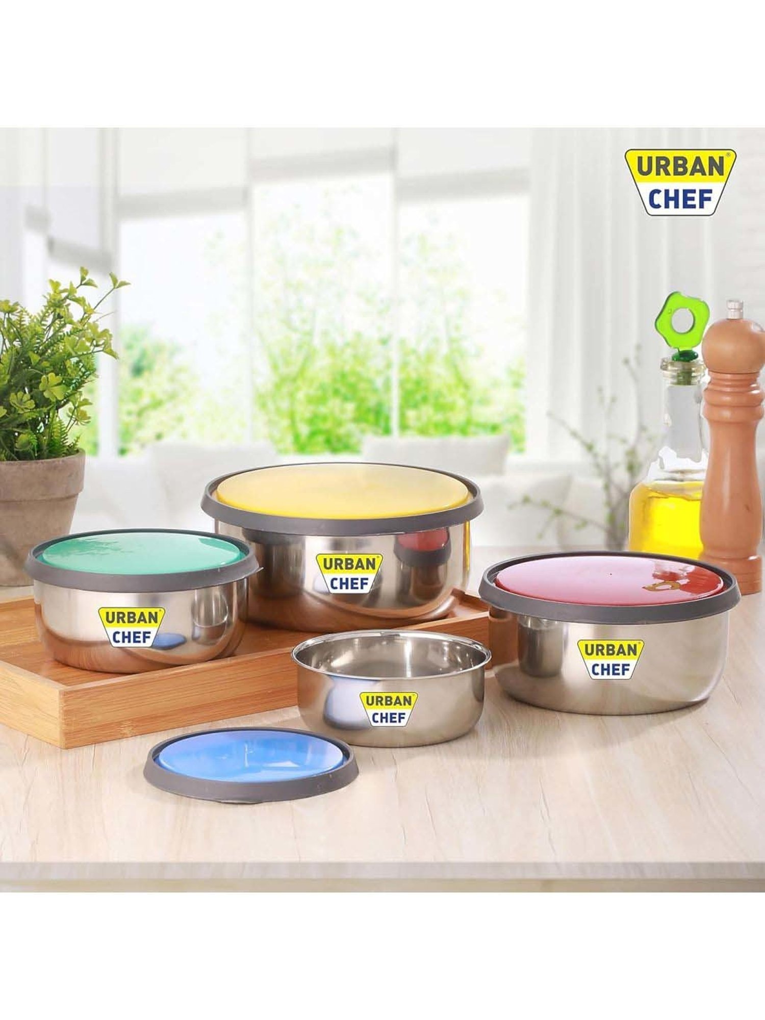 Urban Chef Multicolor Stainless Steel Fresca Push & Lock Bowl Storage Set With Lid - Set of 4