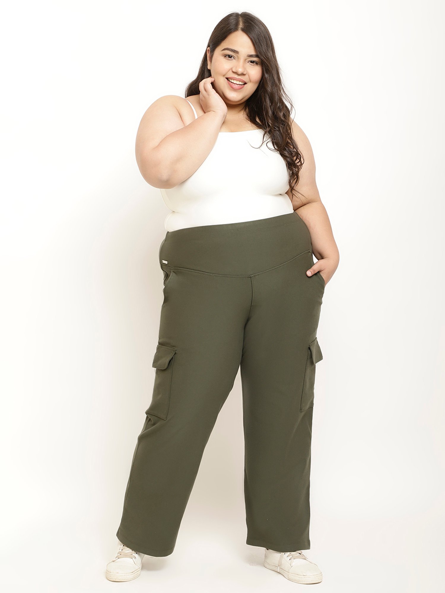 Amydus Olive Regular Fit High Rise Cargo Pants