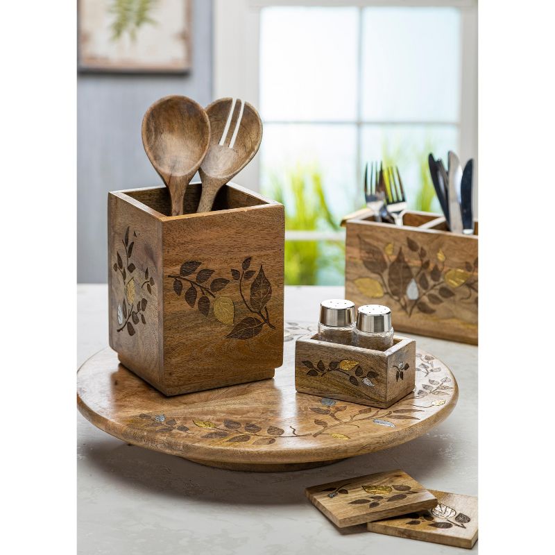 GG Collection Mango Wood with Laser and Metal Inlay Leaf Design Utensil Holder.