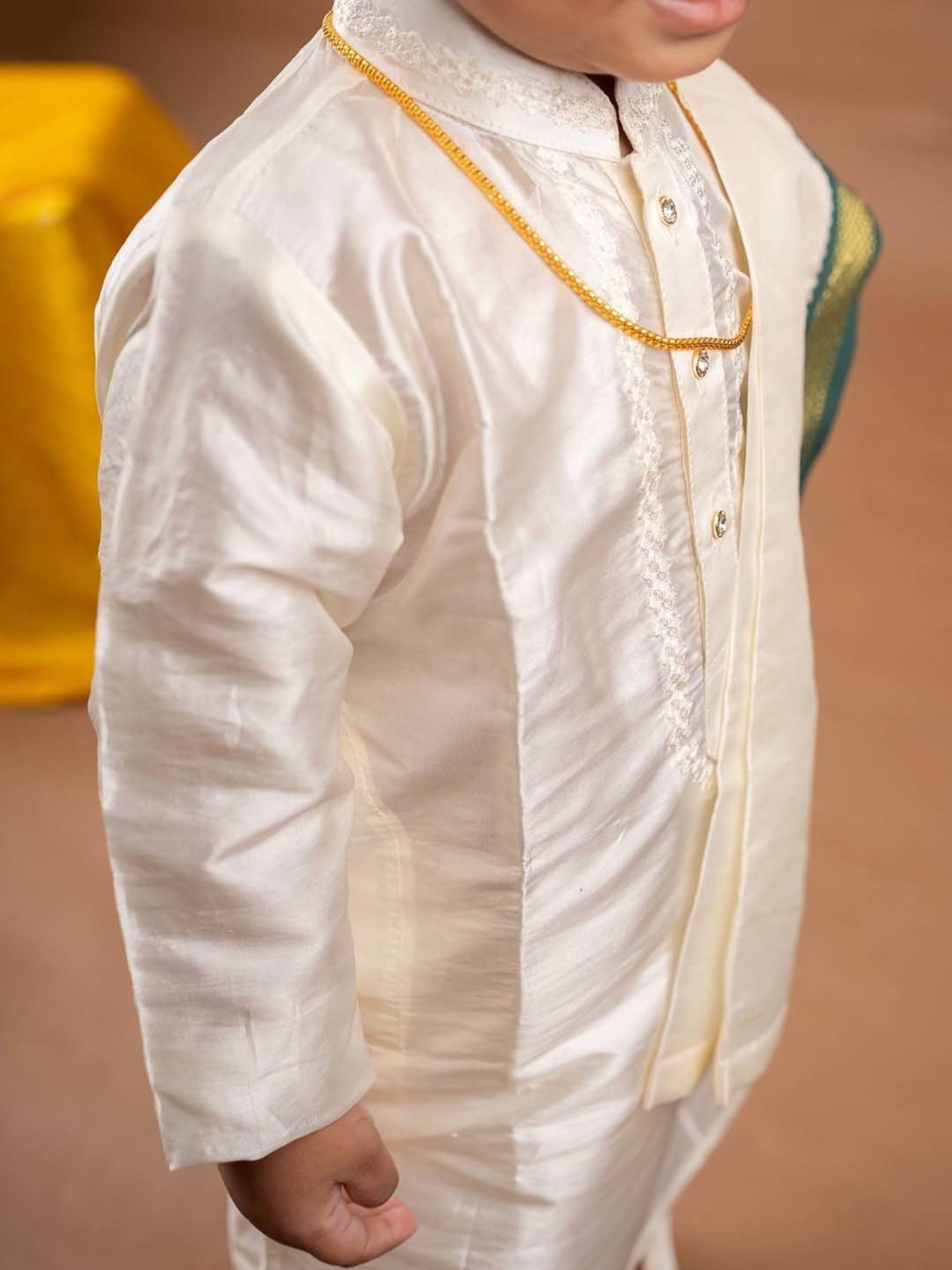 Baby Moo Kids Cream & Green Regular Fit Full Sleeves Kurta Set