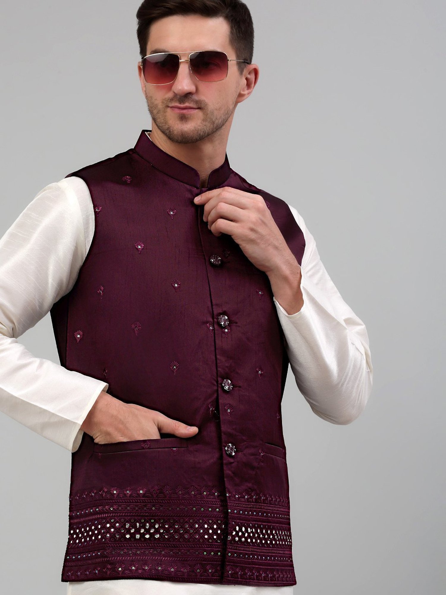 VASTRAMAY Teal Green Regular Fit Printed Nehru Jacket