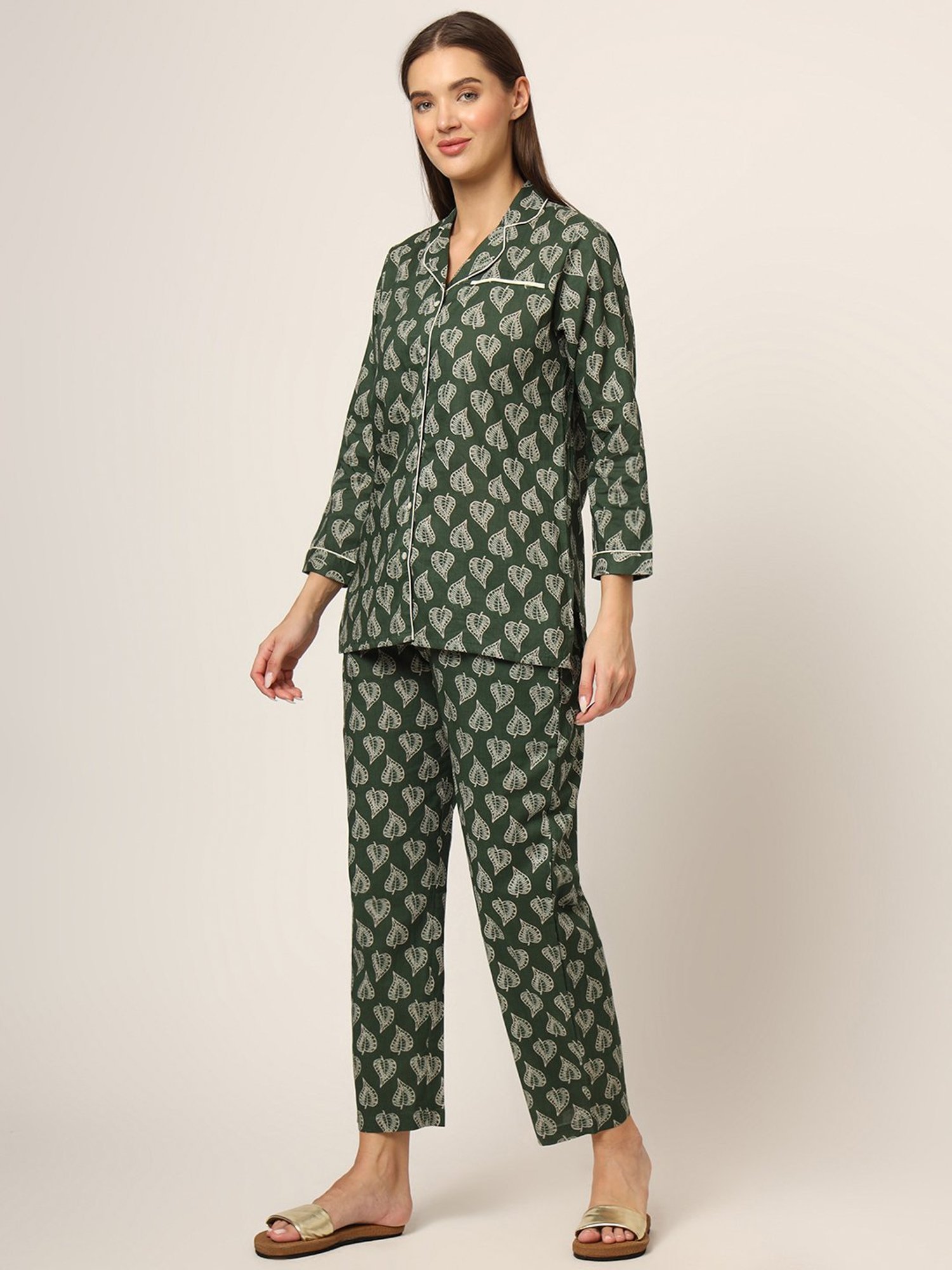 Divena Dark Green Printed Top With Pyjamas