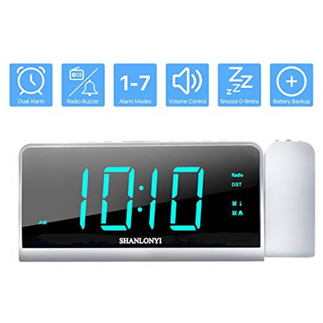 Projection Alarm Clock with AM/FM Radio, 180Projector, 7" LED Digital Ceiling Display, Easy to Use, Clear Cyan Digit, 3 Dimmer, Digital Alarm Clock with USB Phone Charger, Battery Backup for Bedroom