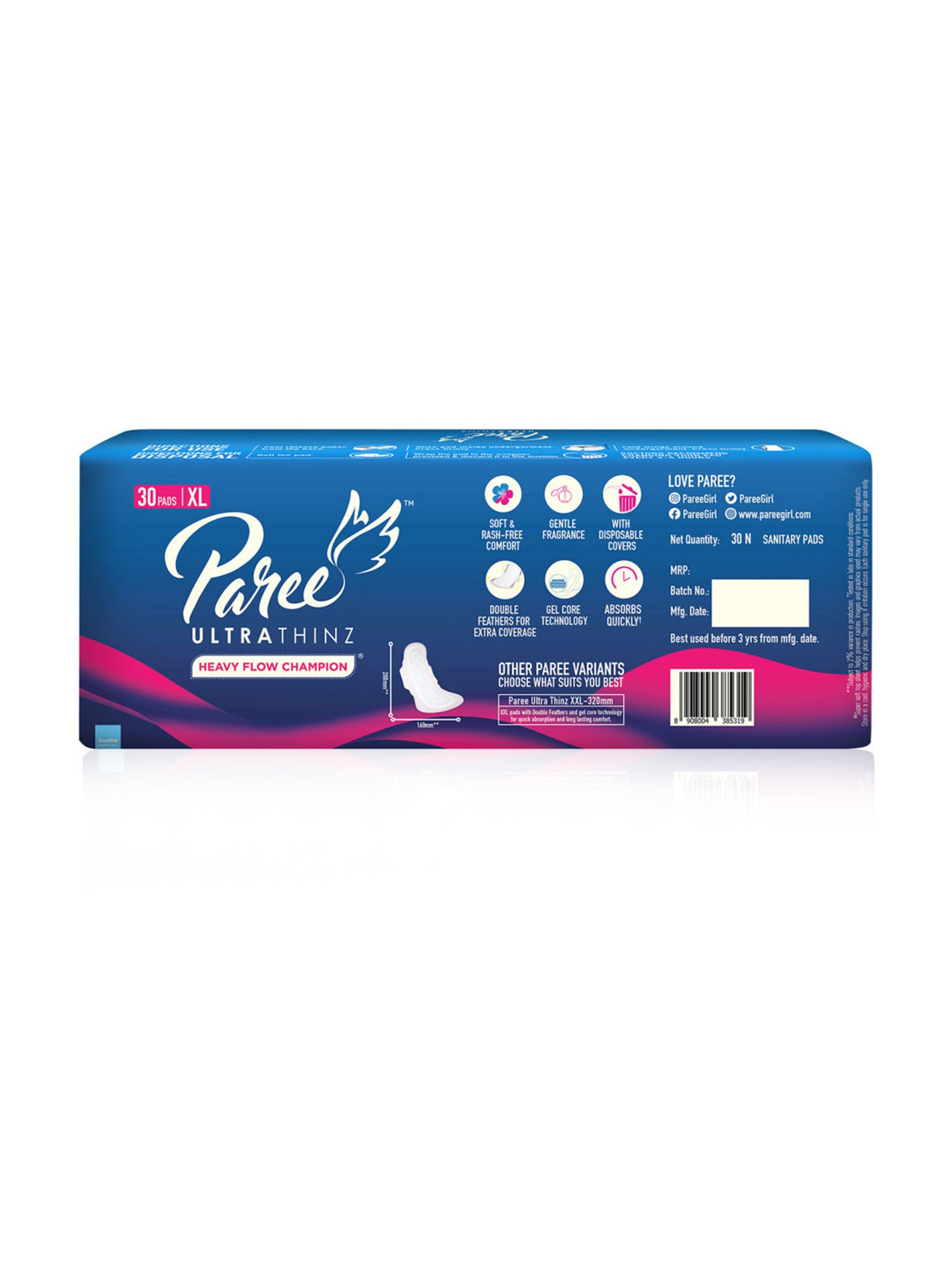 Paree Ultra Thinz Soft & Rash Free Sanitary Trifold XL Pads for Women - 30 Pcs Each (Pack of 2)