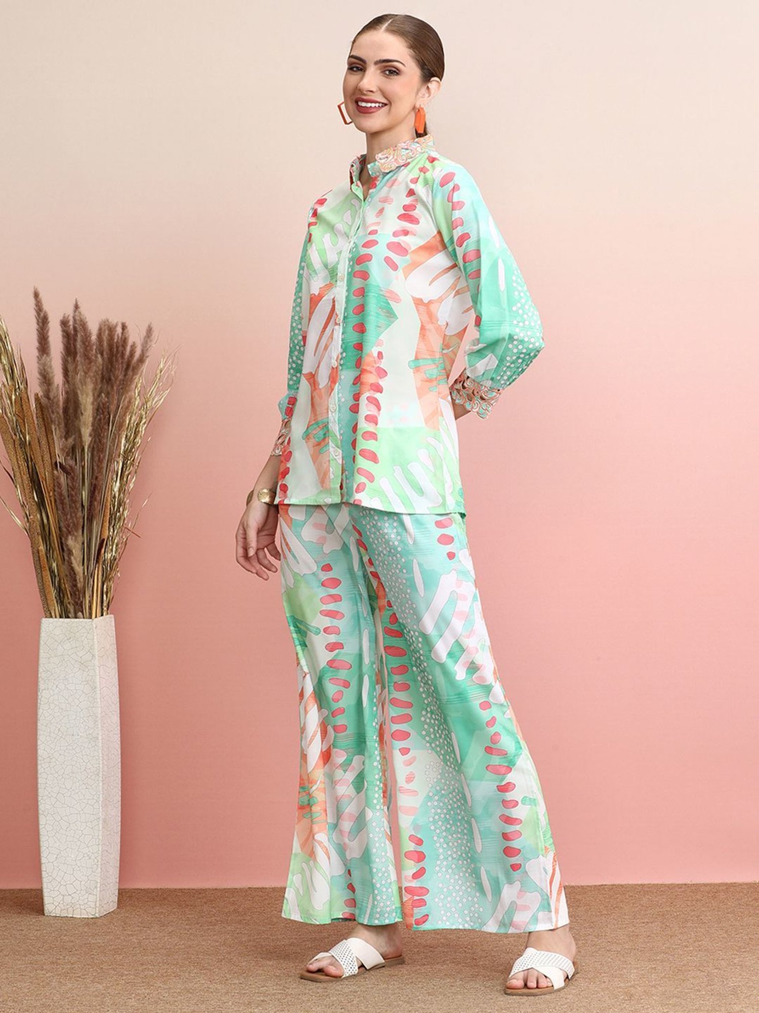 Indo Era Green Printed Shirt Palazzo Set