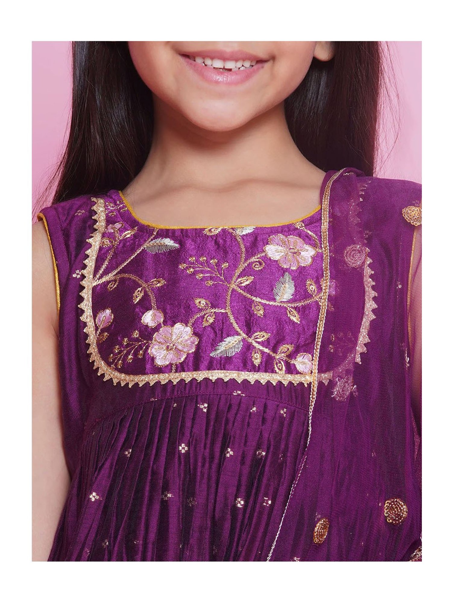 Little Bansi Girls Purple Embroidered Kurta, Sharara with Dupatta
