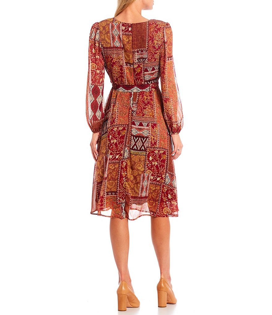 Leslie Fay V-Neck Long Sleeve Patchwork Chiffon Wrap Dress