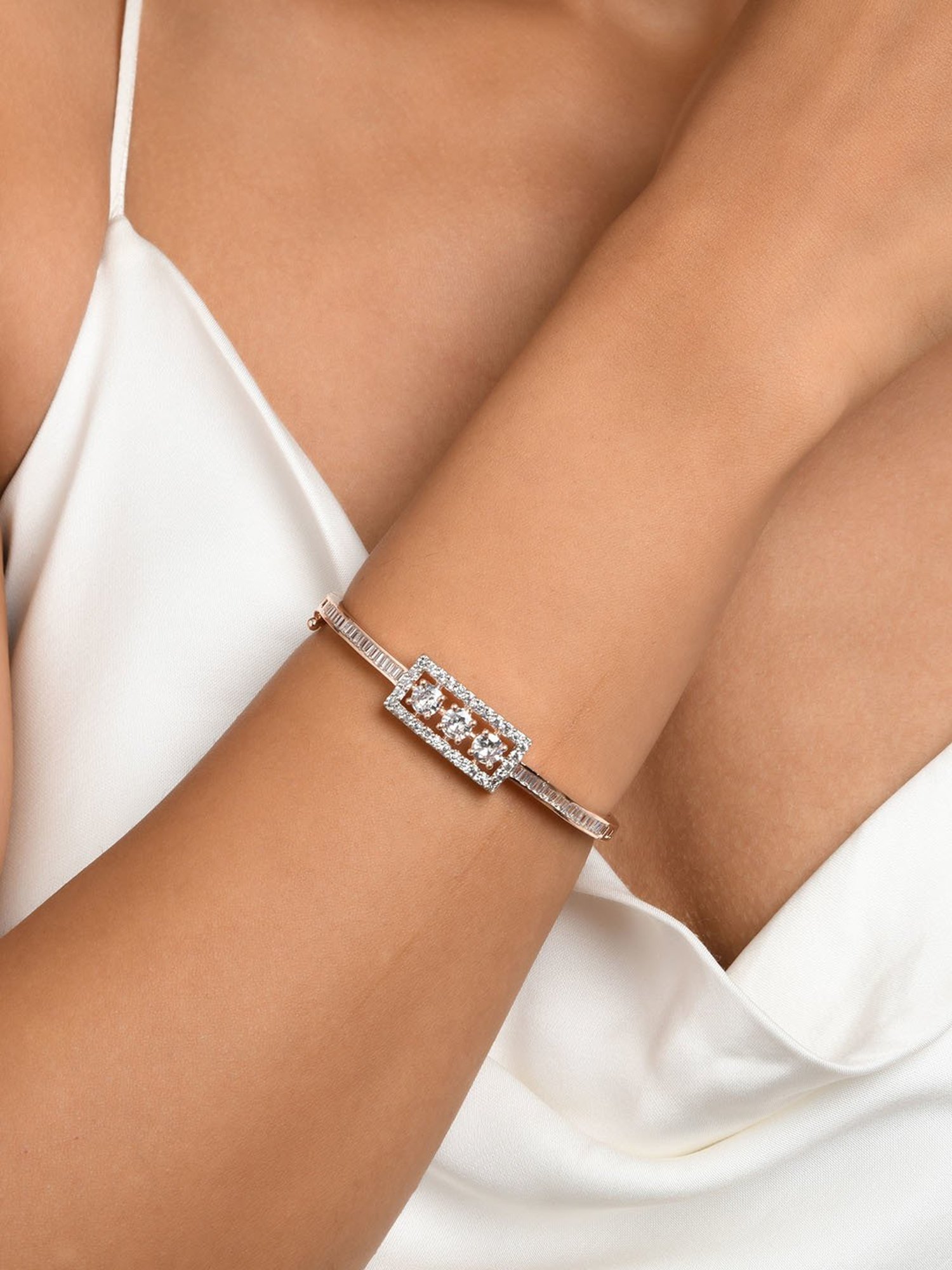 Fida American Diamond Rose Gold-Plated Square Bangle-style Bracelet for Women