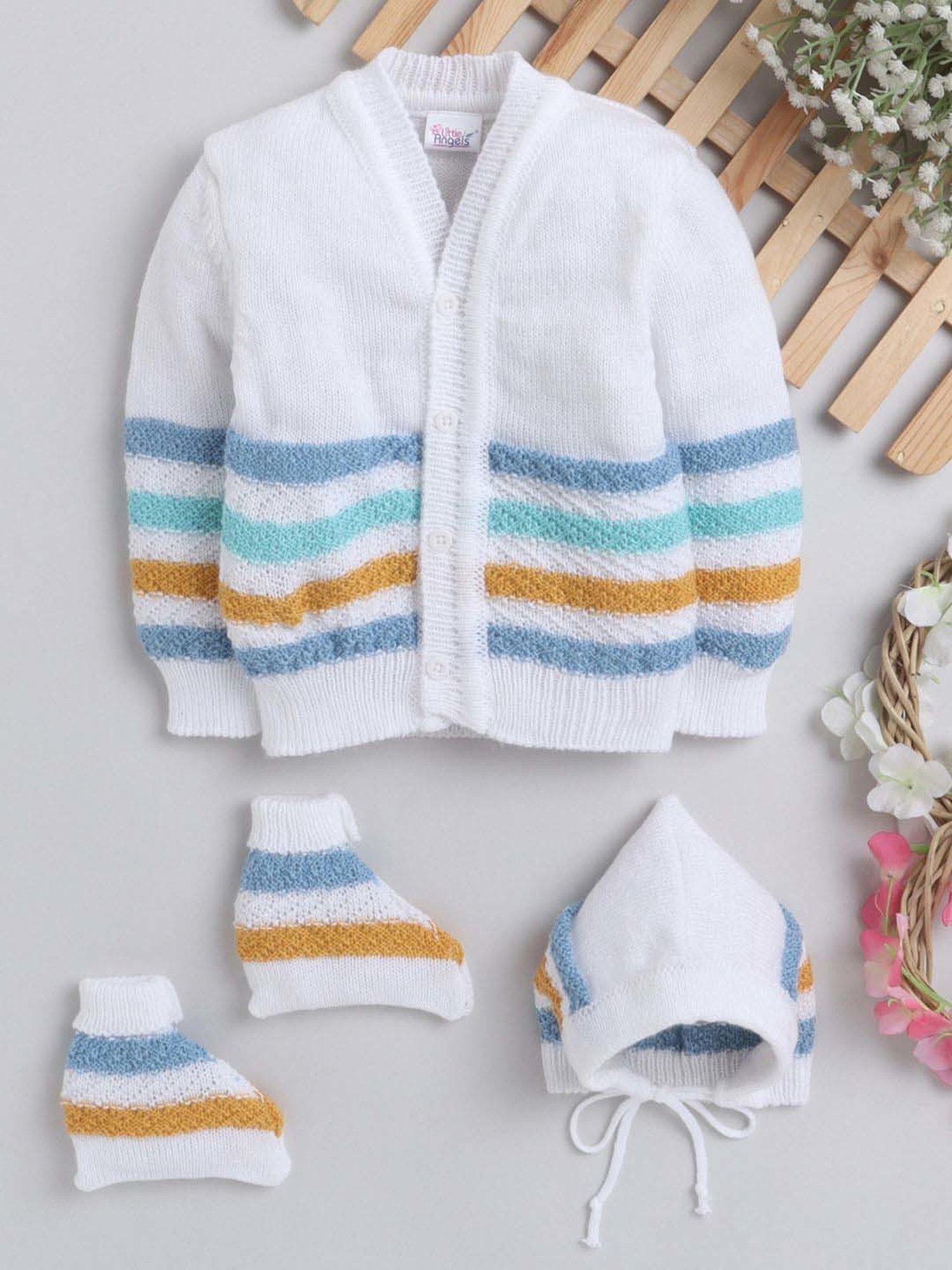 Little Angels Kids White & Blue Striped Full Sleeves Sweater Set