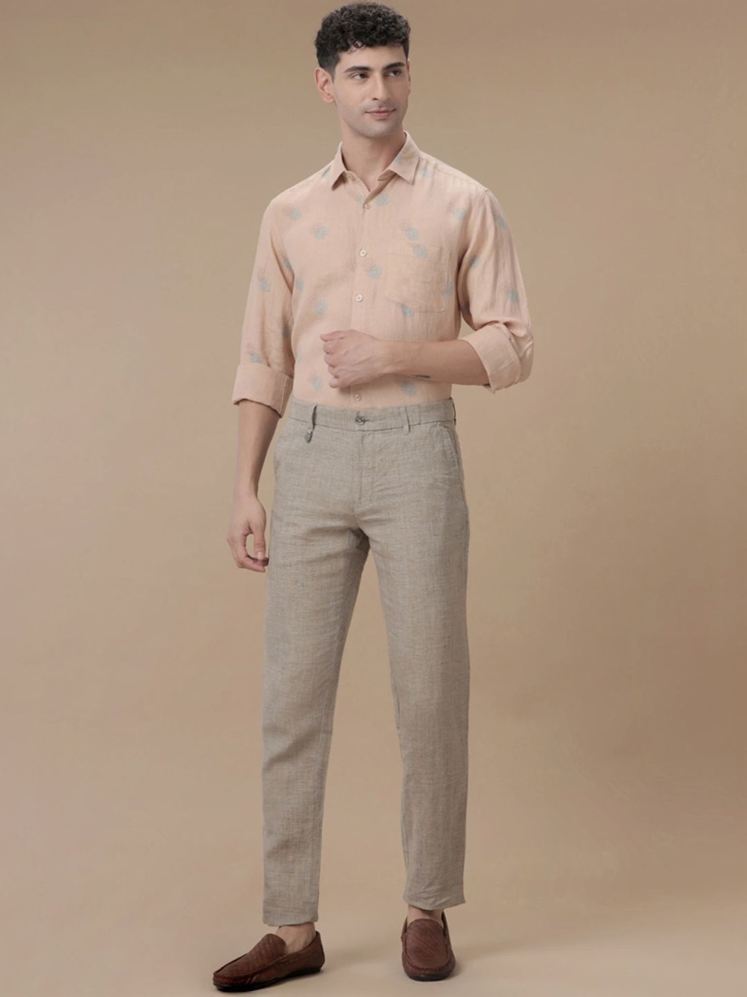 Linen Club Peach Linen Contemporary Fit Printed Shirt