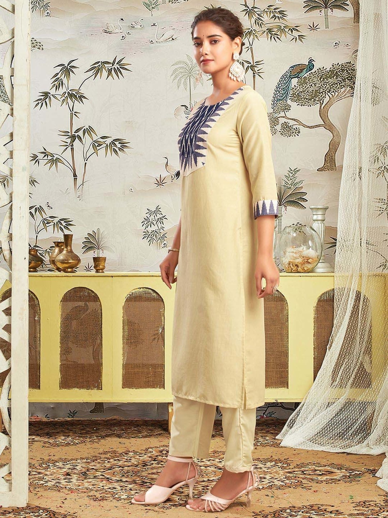 Skylee Beige Printed Kurta Pant Set With Dupatta
