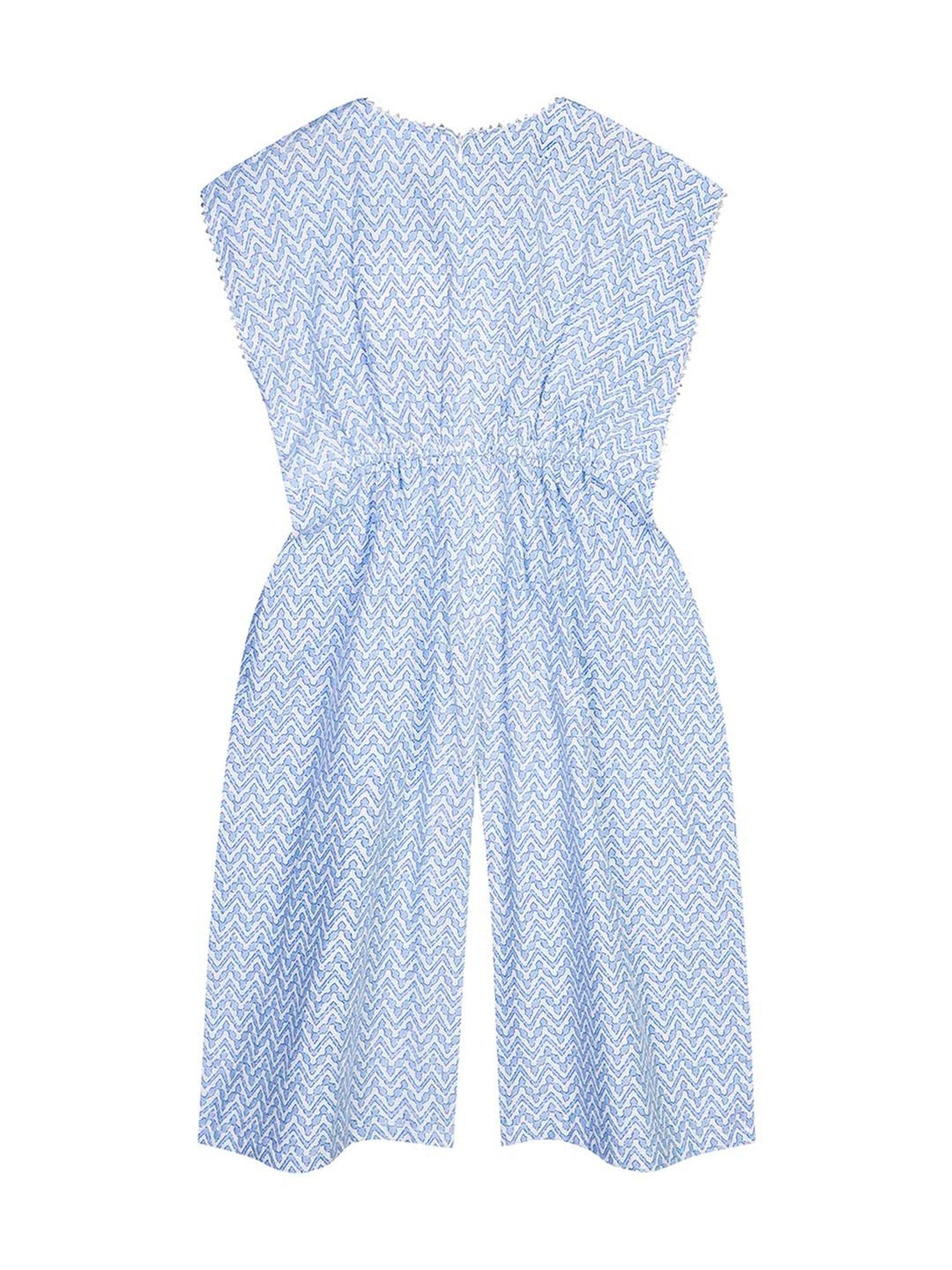 Budding Bees Kids Blue & White Cotton Printed Jumpsuits with Scrunchie