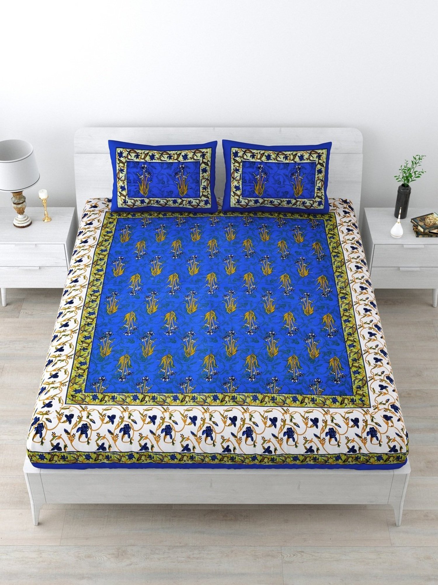 Living Roots Jaipuri Dark Blue 210 TC Cotton Queen Bed Sheet with 2 Pillow Covers