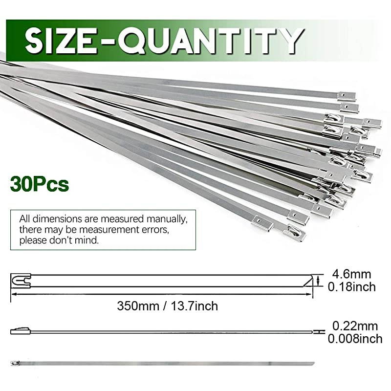 30Pcs 14 Inches 304 Stainless Steel Zip Ties Exhaust Wrap Coated Locking Metal Cable Zip Ties for Computer Wire Harness Automotive Parts and more