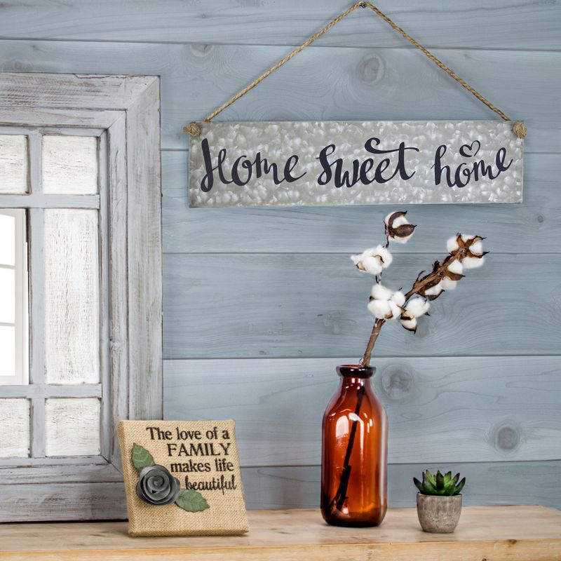 11" x 20" Home Sweet Home Galvanized Metal Vintage Hanging Wall Sign with Rope Gray - American Art Decor