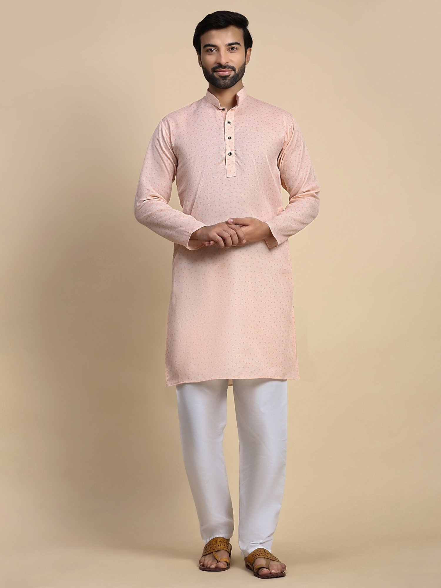 Pro-Ethic Style Developer Peach & White Cotton Regular Fit Printed Kurta Bottom Set