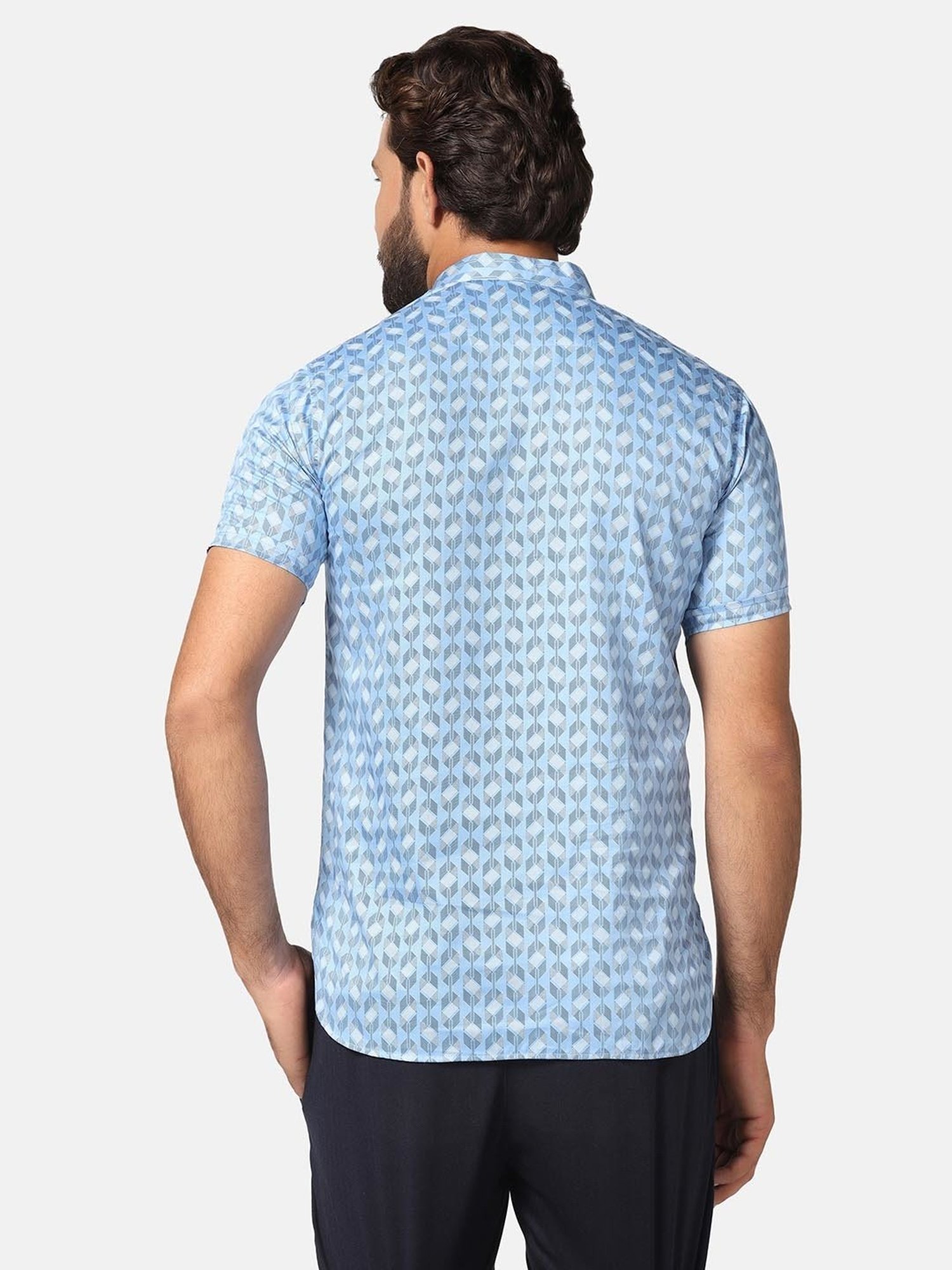 TAHVO Light Blue Slim Fit Printed Shirt