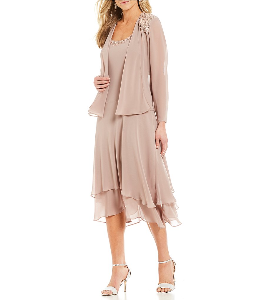 Ignite Evenings Petite Size Scoop Neck Long Sleeve Sequined Shoulder Midi Length 2-Piece Jacket Dress