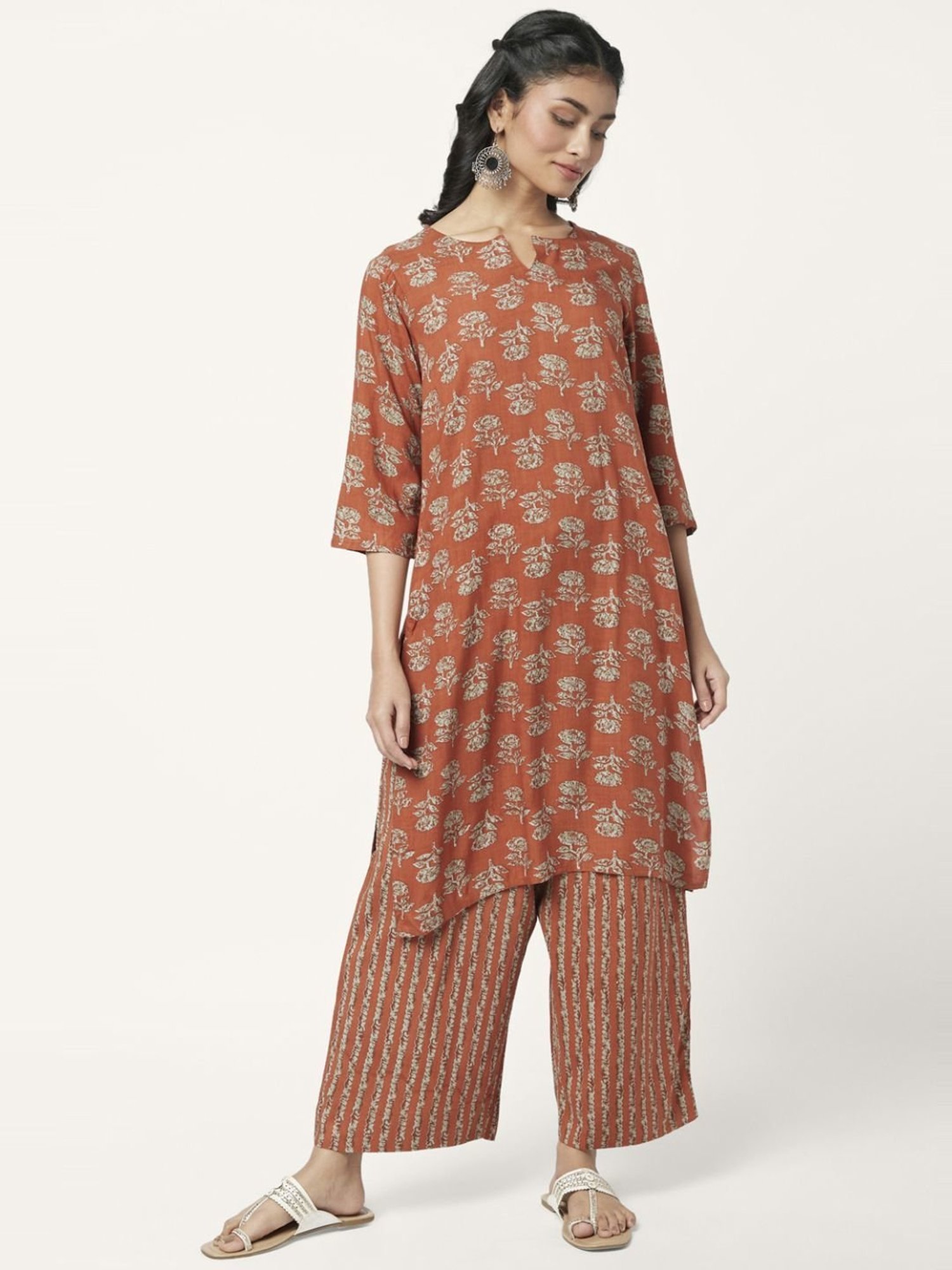 Rangmanch by Pantaloons Rust Floral Print Kurta Palazzo Set