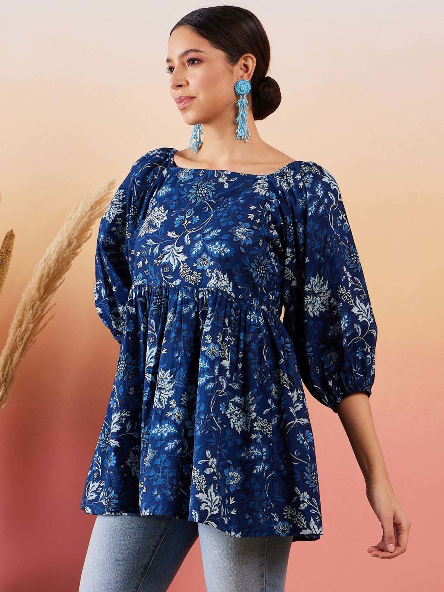 Inweave Blue Cotton Floral Print Top