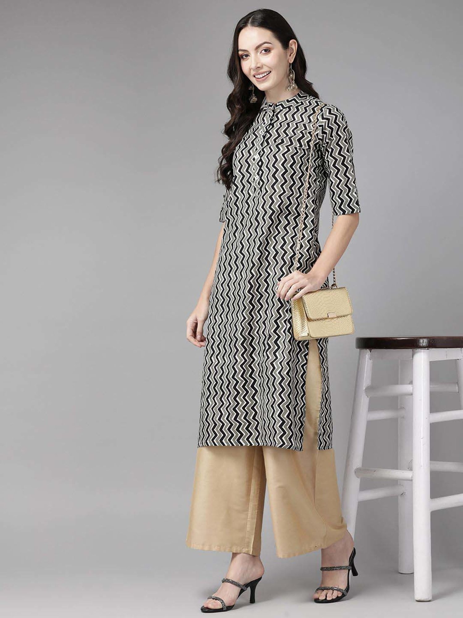 Cayman Grey Cotton Printed Straight Kurta
