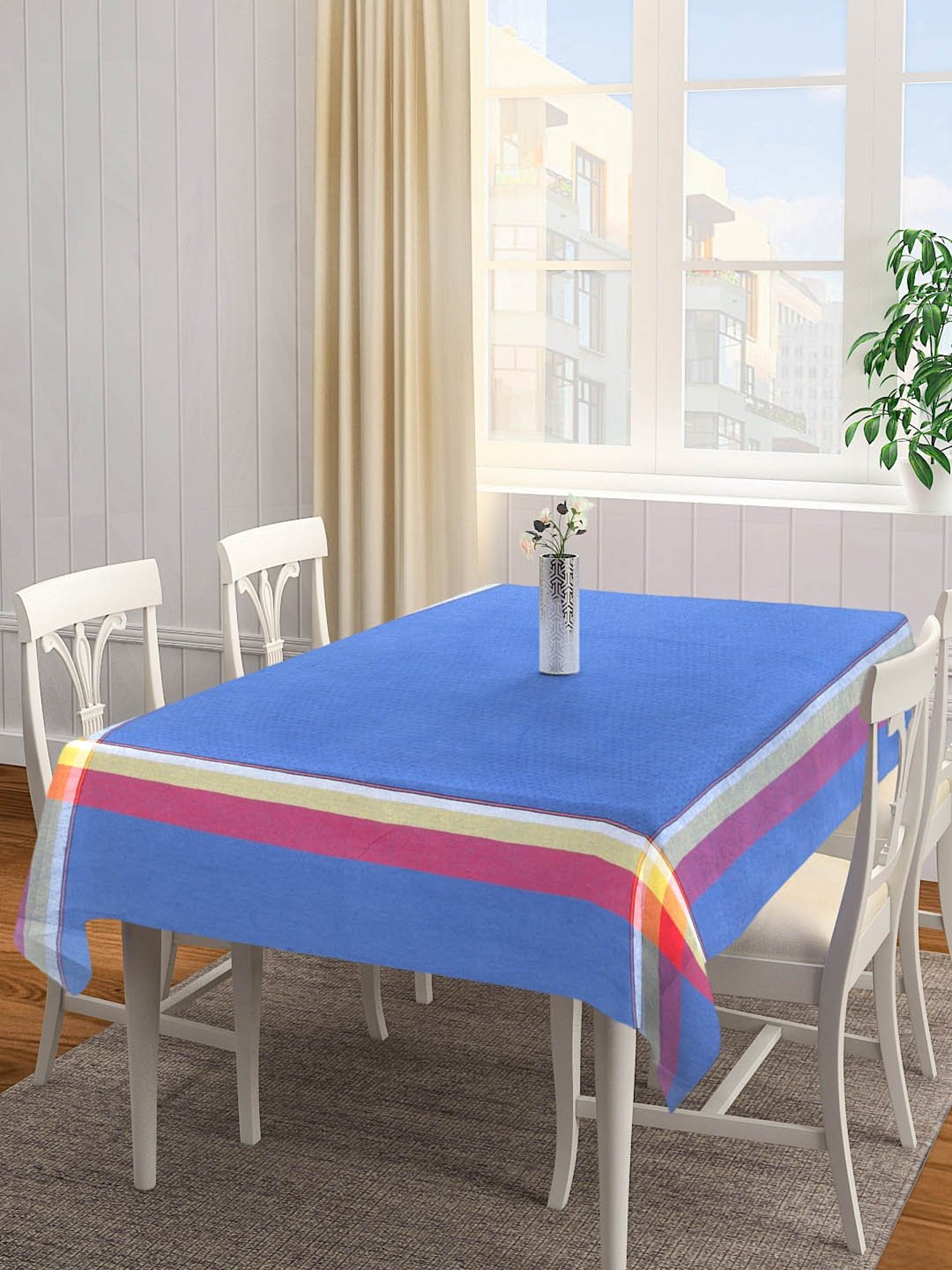 Klotthe Blue Cotton 200 GSM 6 Seater Table Cover - Set of 1