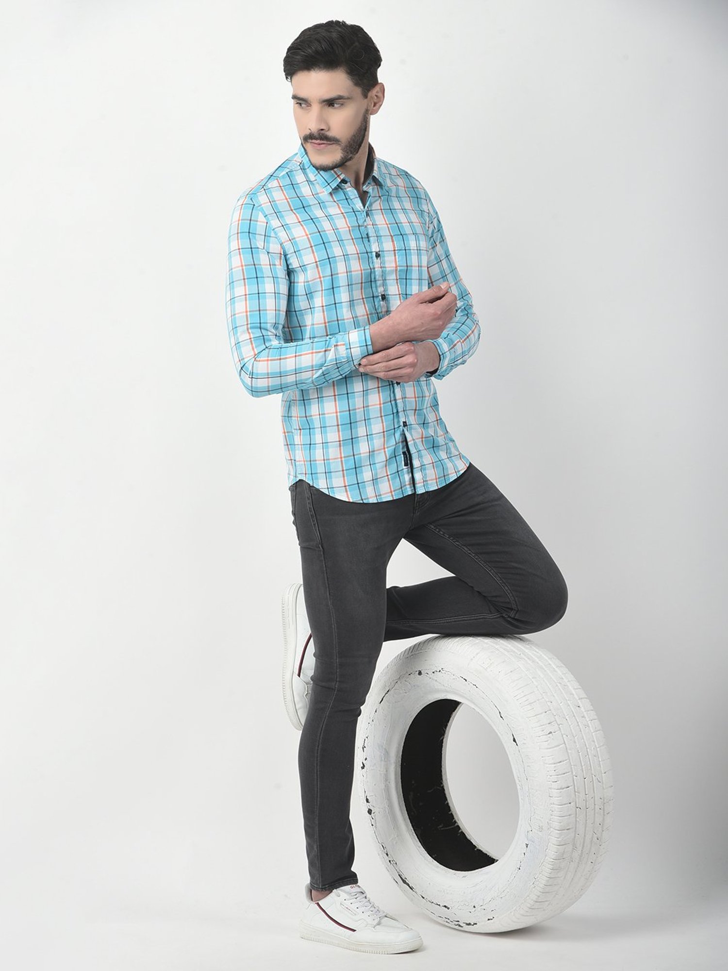 NUMERO UNO Sea Green Slim Fit Check Shirt