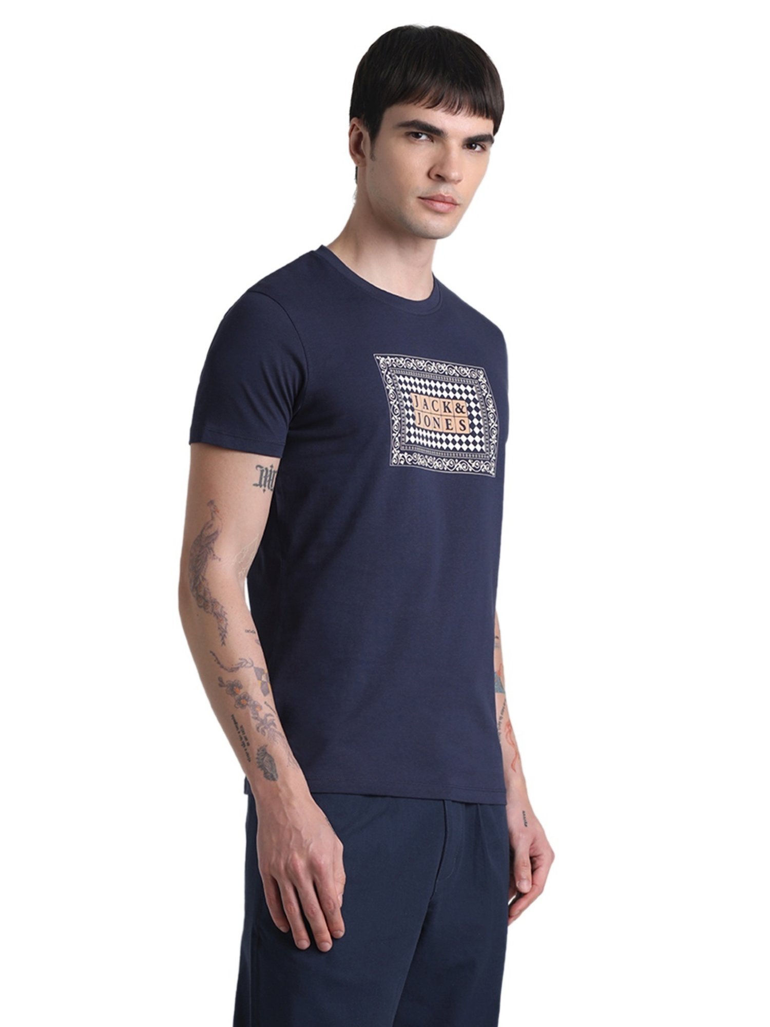 Jack & Jones Navy Blue Cotton Slim Fit Printed T-Shirt