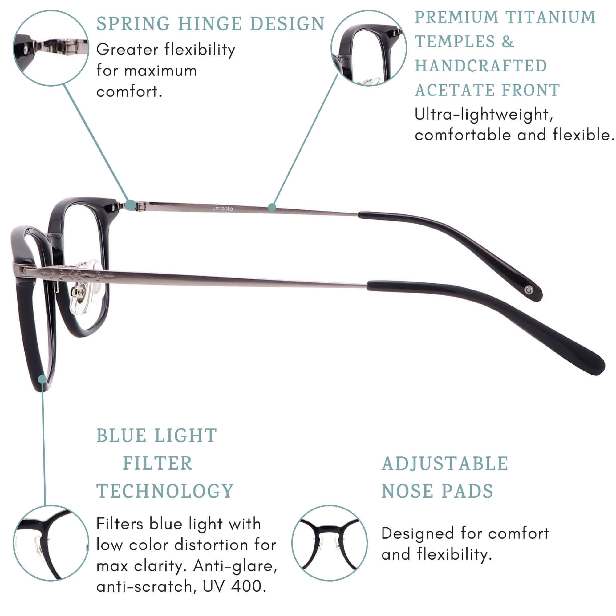 Umizato Titanium Blue Light Blocking Glasses for Men Women - Designer Vintage Gaming Computer Glasses Men, Nosepads, Eye Strain, Anti Screen Filter, UV Blocker Bluelight Protection (HUDSON)