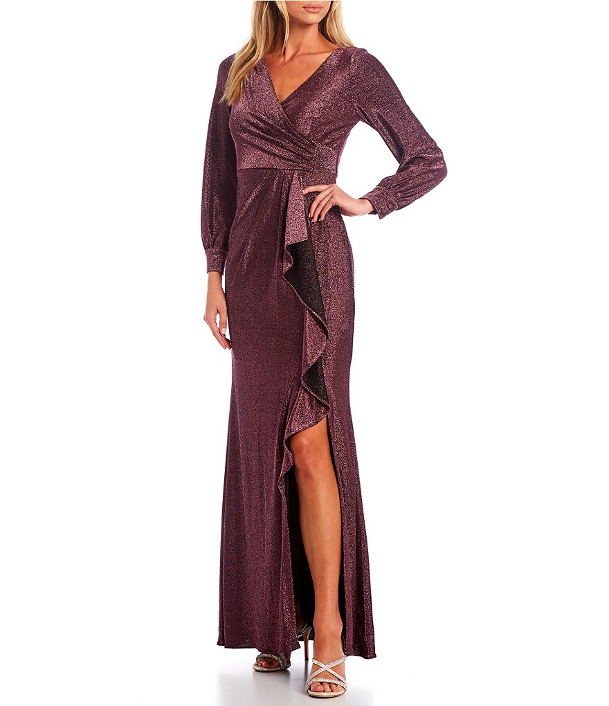 Adrianna Papell Metallic Knit Faux Wrap Surplice V-Neck Long Sleeve Ruffle Gown