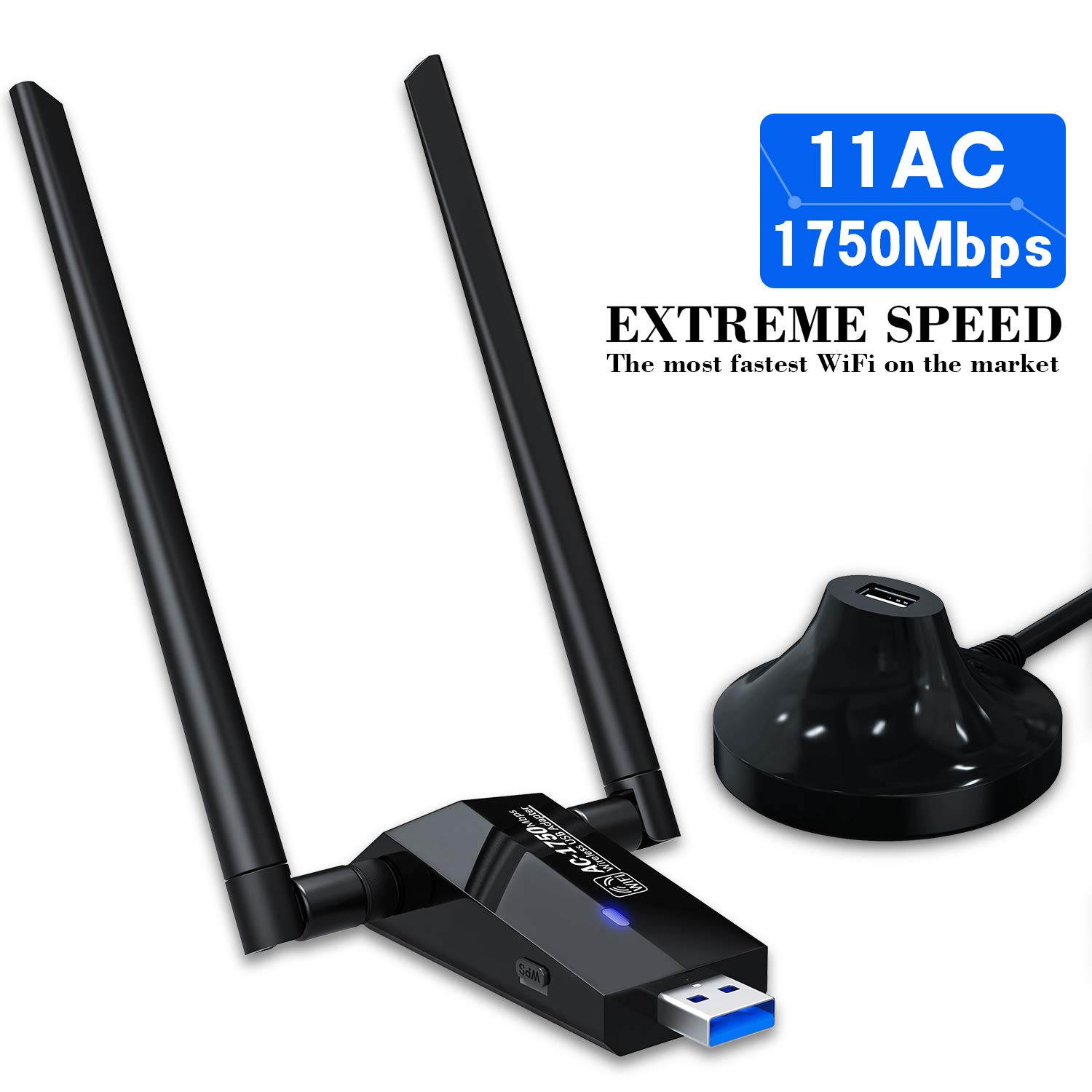 1750Mbps Wireless USB Wifi Adapter, AC1750 Dual Band 2.4GHz/450Mbps 5GHz/1300Mbps wifi Lan Card,802.11 ac/a/b/g/n, Dual High Gain Dual 5dBi Antennas Network dongle for Windows XP/7/8/10,MAC OS X