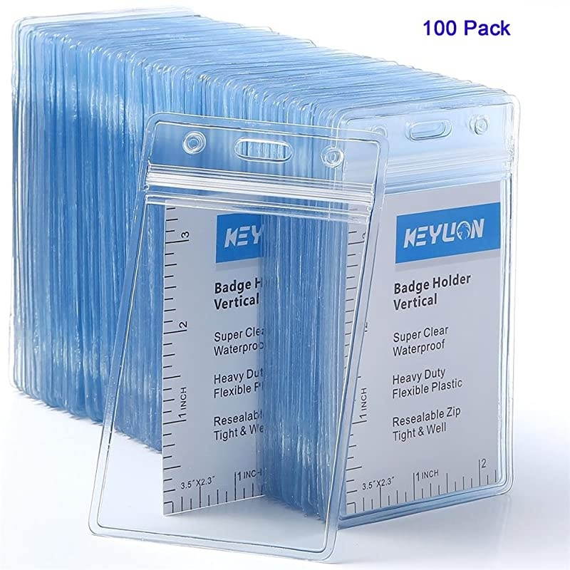 100 Pack ID Card Name Badge Holder, Heavy Duty Clear Transparent Plastic PVC Vertical Sleeve Pouch with Waterproof Type Resealable Zip