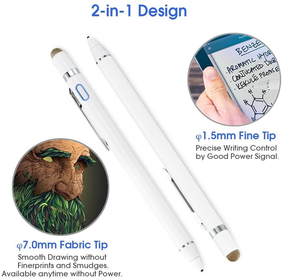 Active Stylus Capacitive Digital Pen with 1.5mm Ultra Fine Tip Stylus for iPad, Drawing Stylus Pen Compatible for Apple Pencil/Samsung Pen on Touch Screens, White