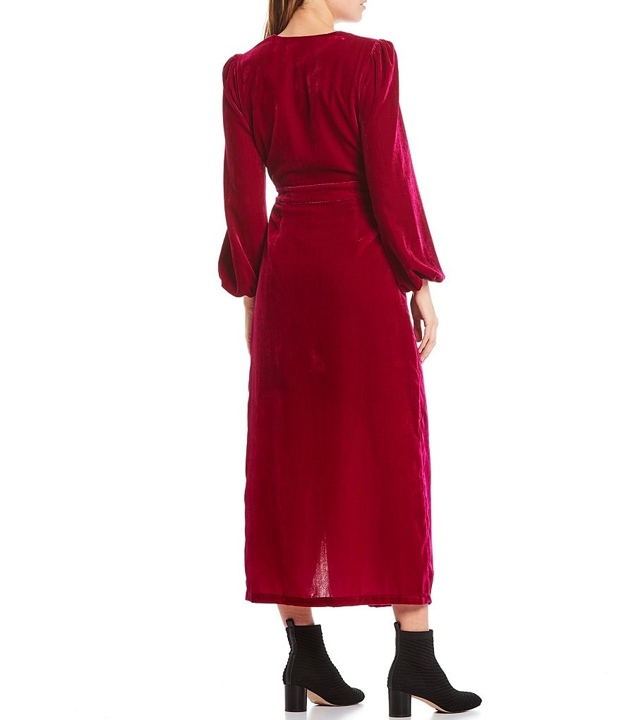 Harlyn Velvet Long Sleeve Puff Shoulder Tie Waist Midi Wrap Dress