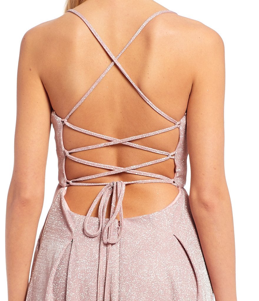 Jump Spaghetti Strap Lace-Up Back Metallic Shimmer Long Dress