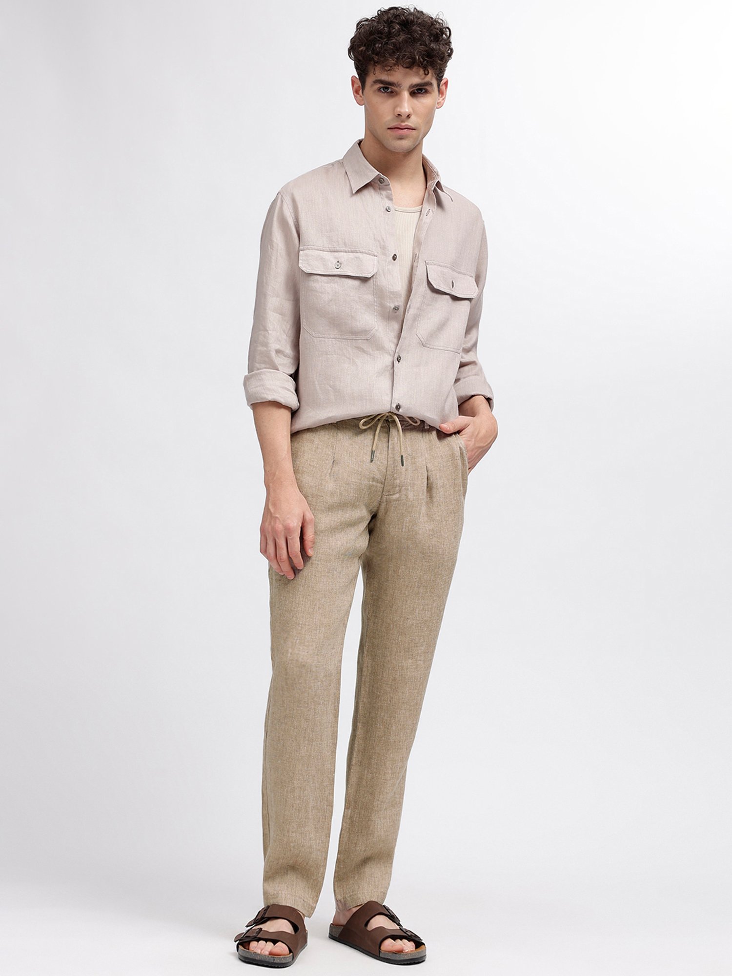 Bruun & Stengade Brown Slim Fit Linen Drawstring Trousers