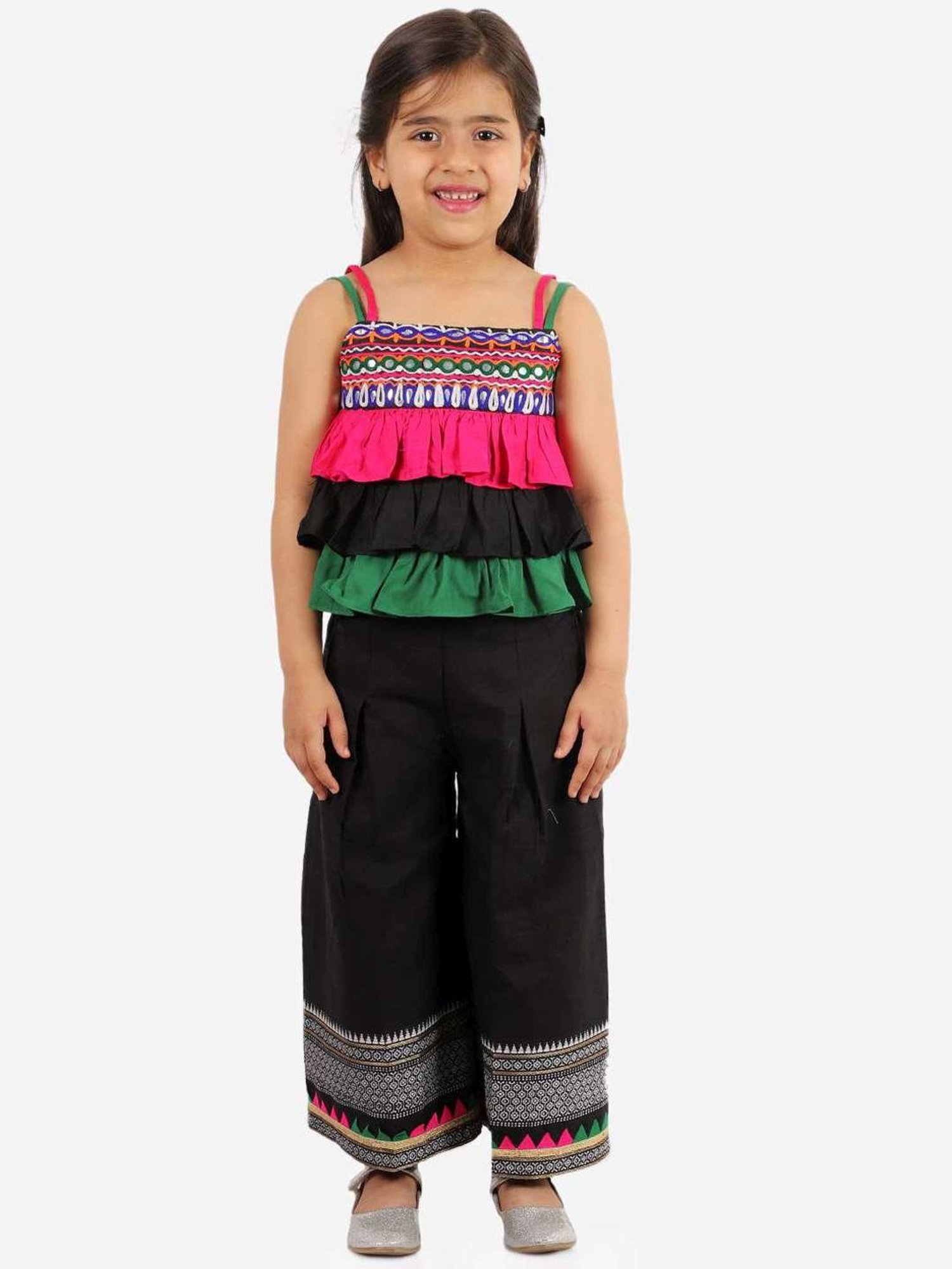 TWISHA Kids Black & Pink Color Block Top Set