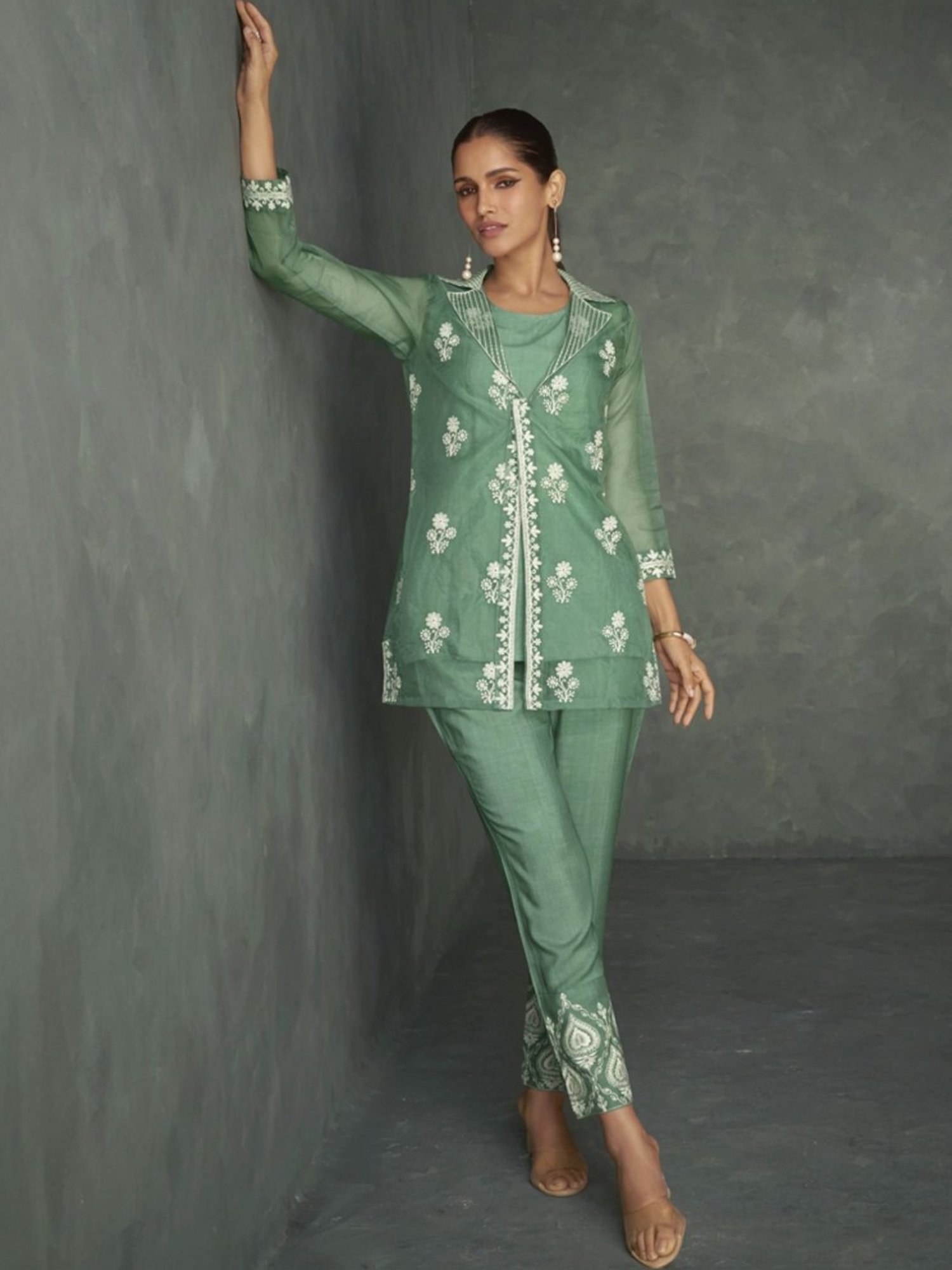 Autumnlane Green Saba Embroidered 3 Pc Jacket with Inner and Pant Co-ord Set