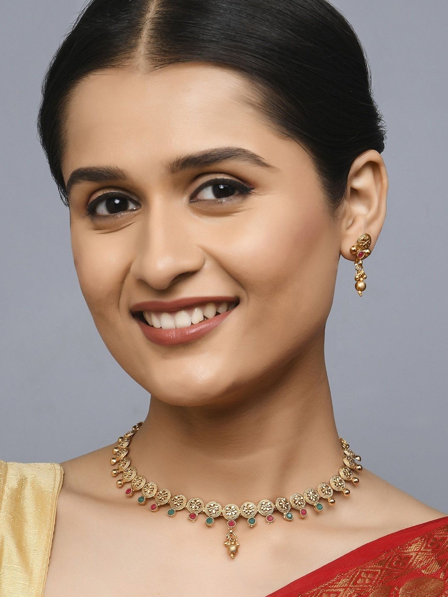 Fida Ethnic Gold-Plated Red & Green Stone Studded Floral & Ghungroo Temple Necklace Set for Women