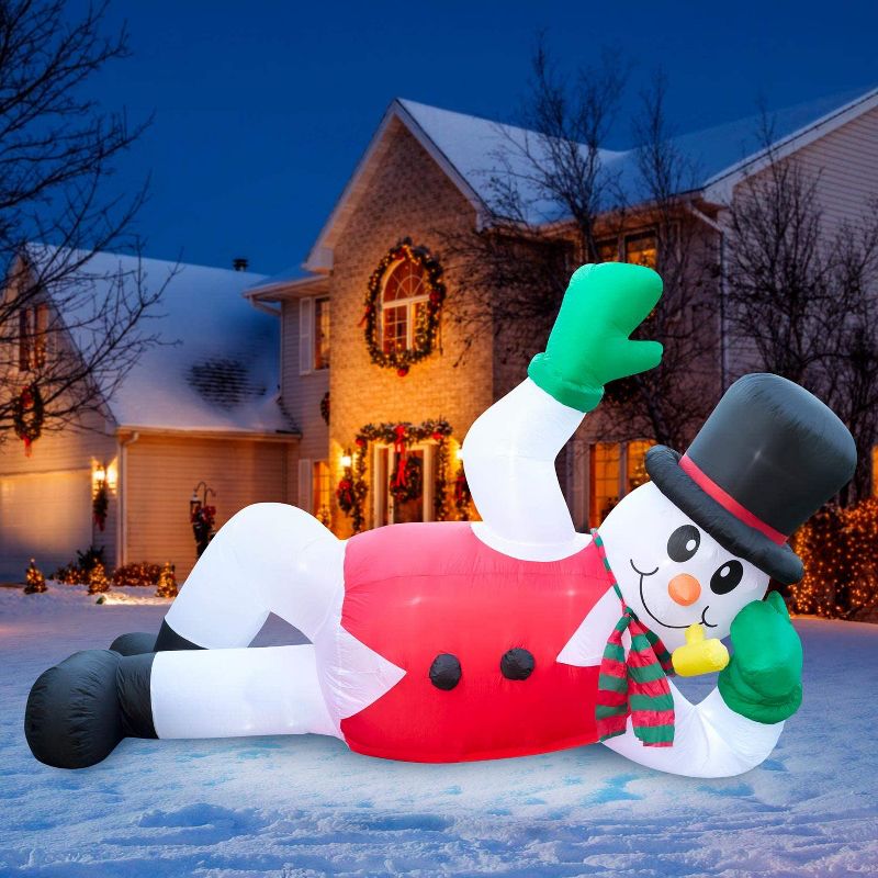 Holidayana 10 Foot Long Giant Inflatable Waving Snowman Holiday Ornament Yard Decoration with Blower Fan, Tie Down Straps, and Ground Anchor Stakes