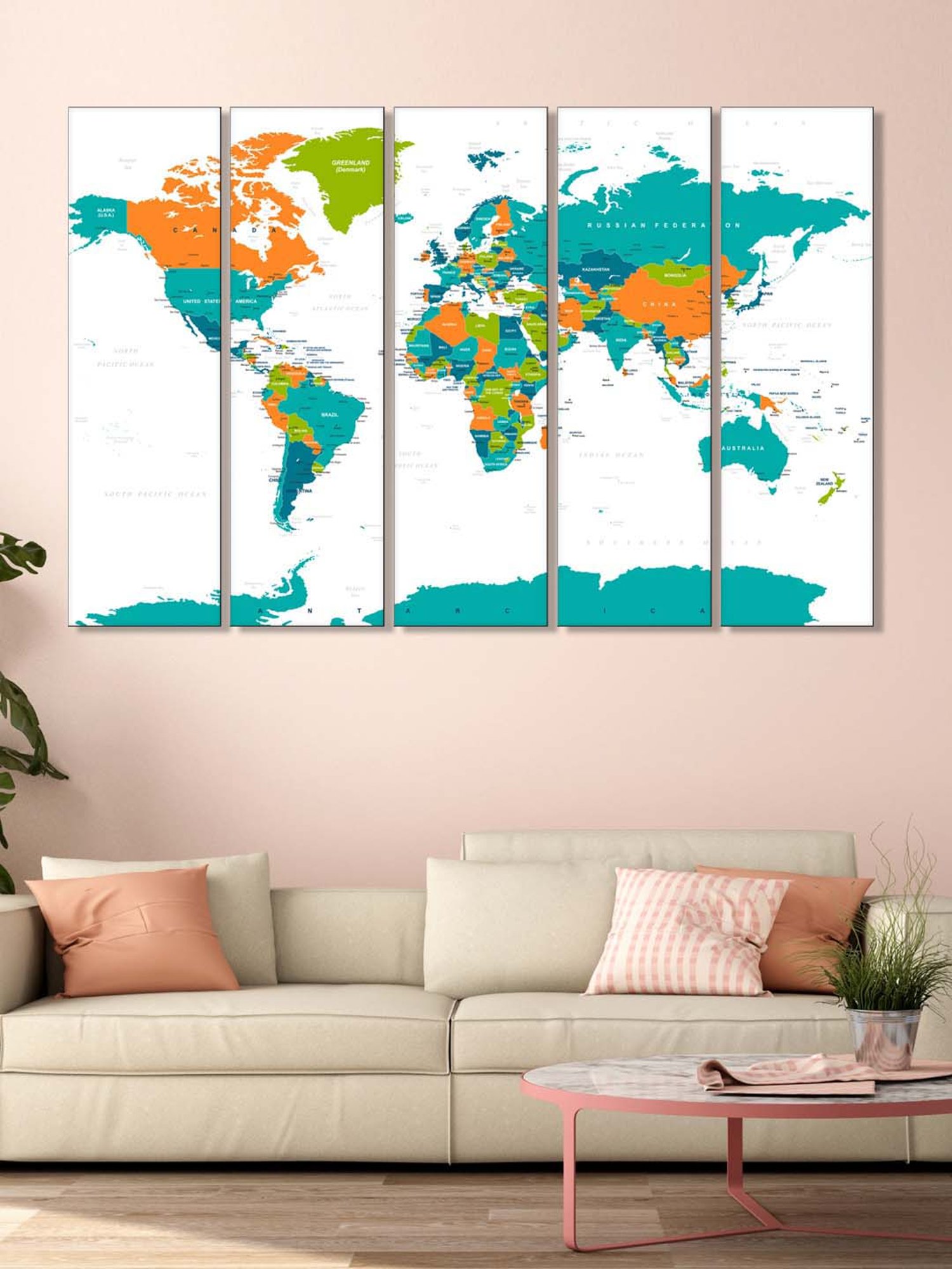 999Store Multicolor World Map Art 5 Frame MDF Paintings