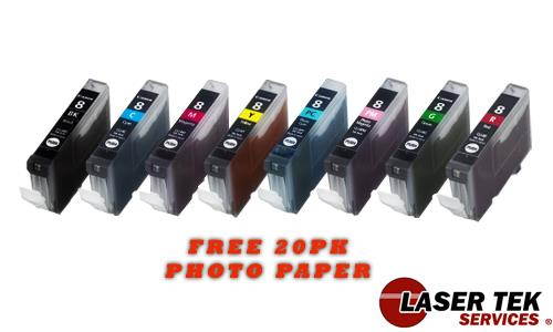 Laser Tek Services&reg; 8 pack of Canon CLI-8 Compatible Ink Cartridges  - 8 Pack Bundle with a FREE pack of Photo Paper! (1BK, 1C, 1M, 1Y, 1PC, 1PM, 1G, 1R)