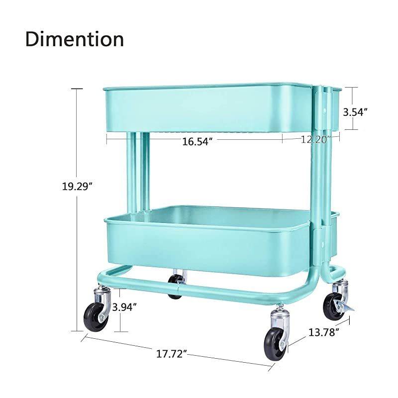 Metal Utility Rolling Cart Storage Side End Table with Cover Board for Office Home Kitchen Organization, Turquoise