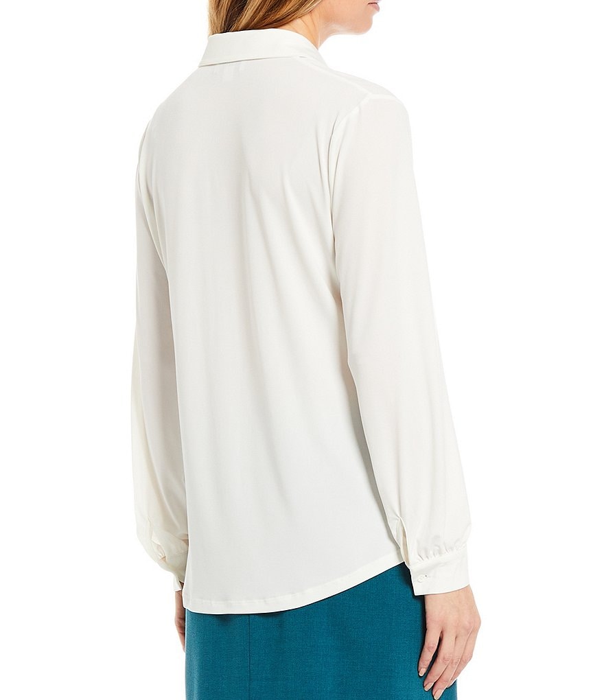 Tahari ASL Drapey Jersey Long Sleeve Point Collar Neck Button Front Shirt